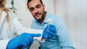 Dr. Milind Colvalcar in the IVF Angels Goa lab, reviewing DFI testing or Microfluidics sperm sorting results for a male infertility case.